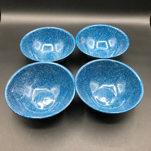 Vintage Blue Speckled Enamelware Camping Set - Pot with Lid Bowls Plates Spoons - Picture 6 of 11